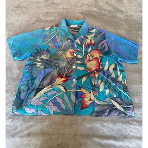 Patchington Womens Large 100% Silk Tropical Parrot Floral Button Up Shirt Blue